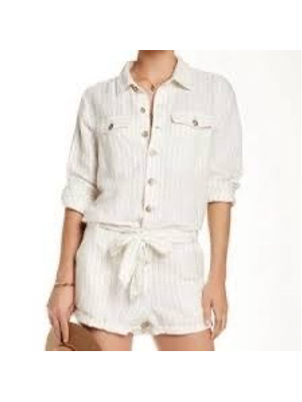 Free People Romper Women's size M White Striped Long Sleeves Linen Cotton Blend
